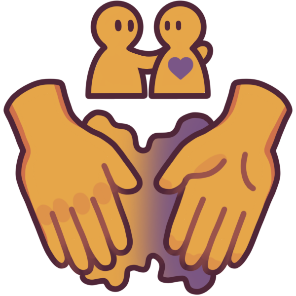 a pair of hands held close to each other, with a yellow and purple blob connecting them. The purple is a gradient coming from the left, to show emotion one person has. Above this is two people, one has a purple heart on their chest, and the other is wrapping an arm around them to comfort them.